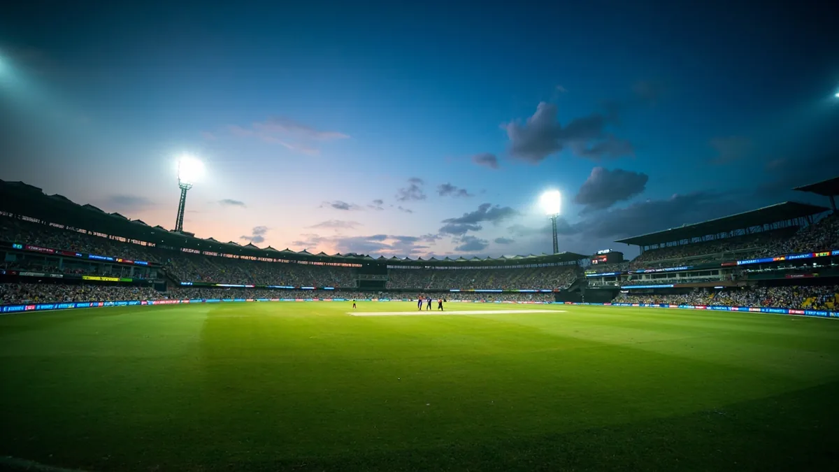 Indian Premier League cricket stadium during twilight with packed stands and floodlights