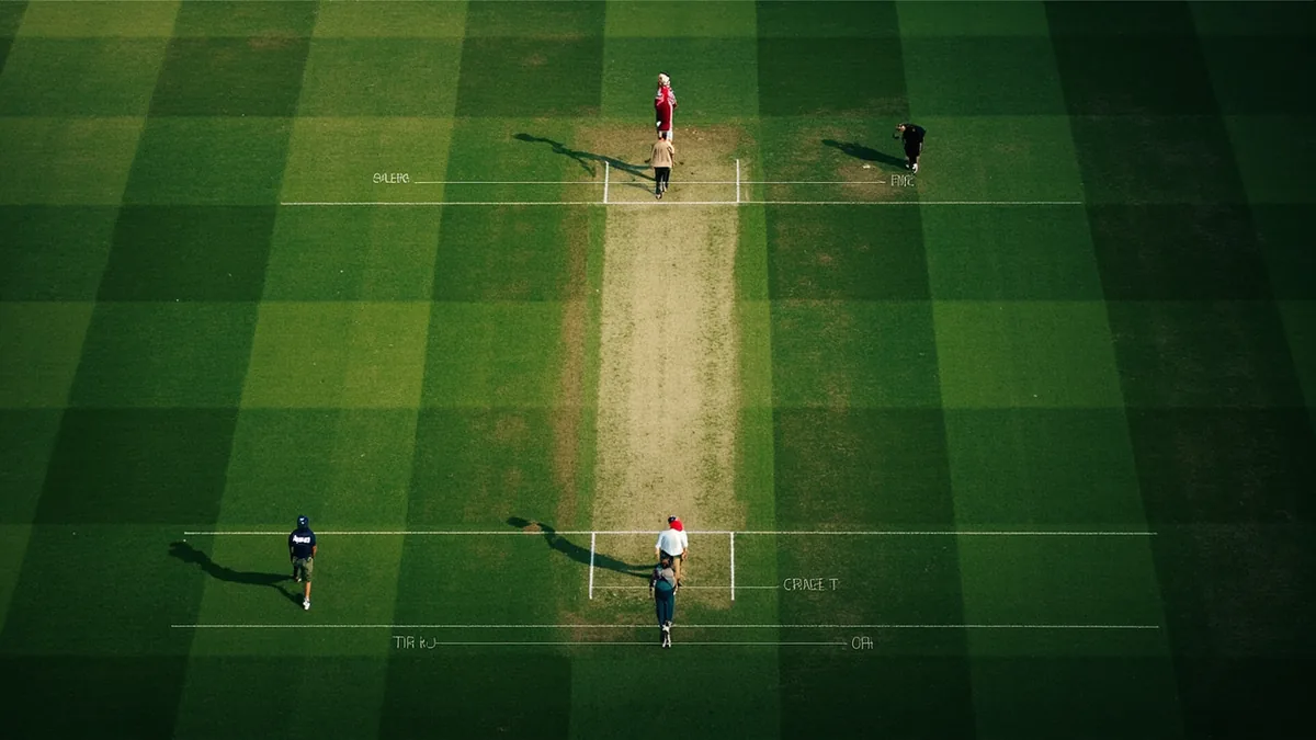 Top-down aerial view of cricket pitch with markings and conditions