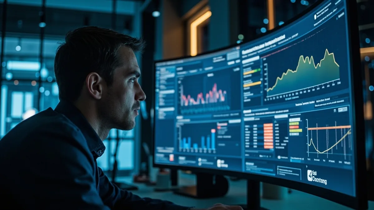 Cricket analyst reviewing AI prediction model output on monitor showing probability charts