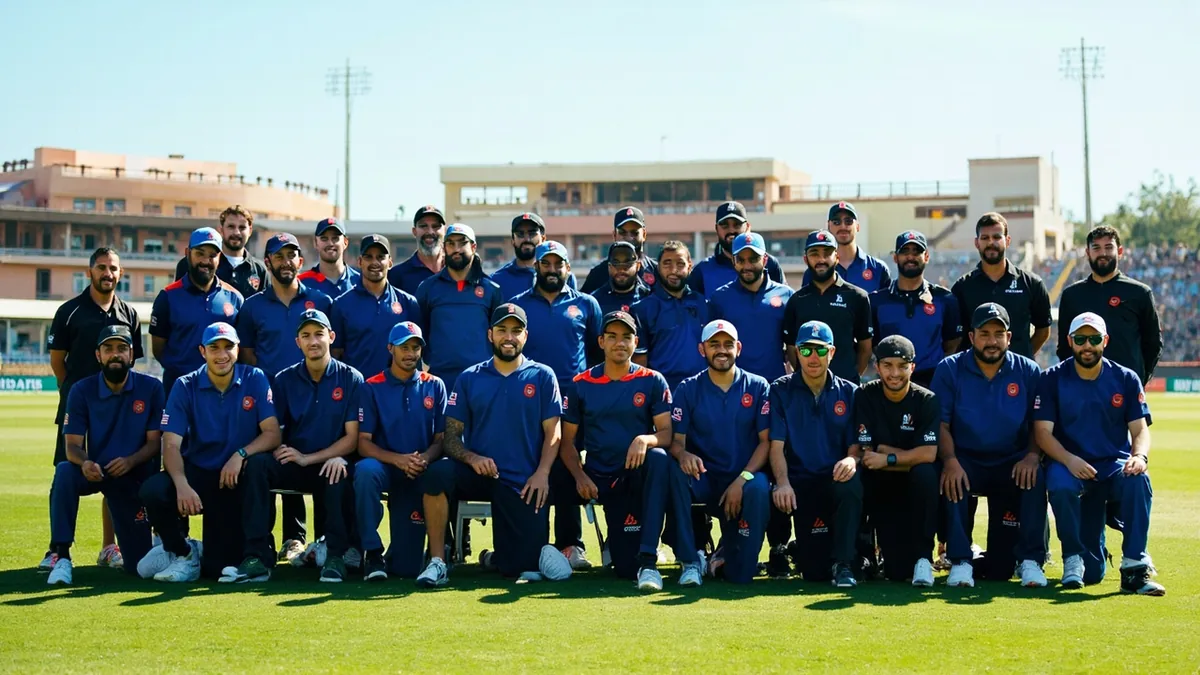 Indian Premier League team group photo on cricket field with support staff