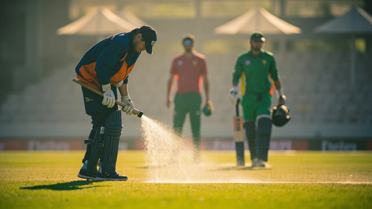 Cricket match day preparation with groundskeepers watering pitch and players warming up