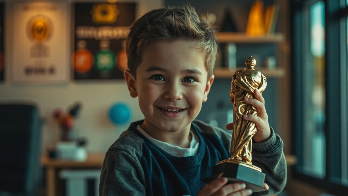 Cricket fantasy contest winner celebrating with trophy in modern office setting