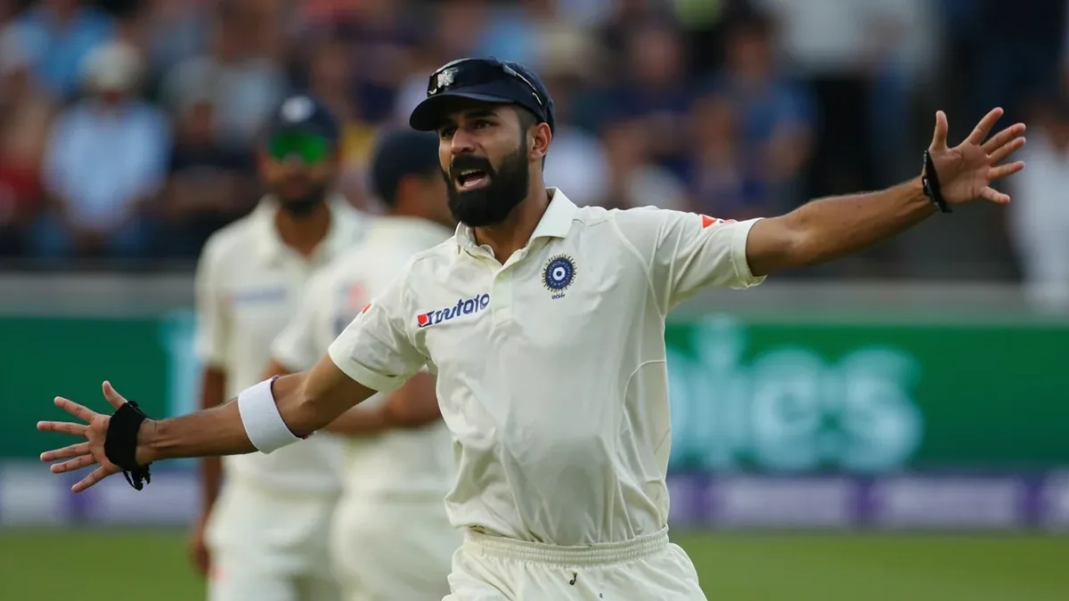 Medium shot of a captain and spinner conferring mid-innings on field placement at a subcontinental Test venue, the tactical scene behind a squad-selection story.