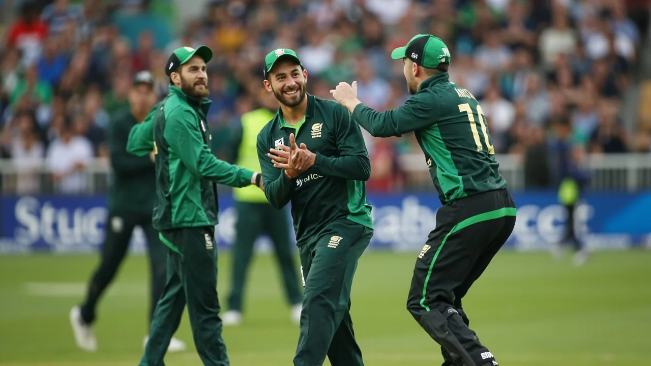 Medium shot of fielders adjusting a ring on a damp pitch while the bowler marks his run-up before a middle-over spell.