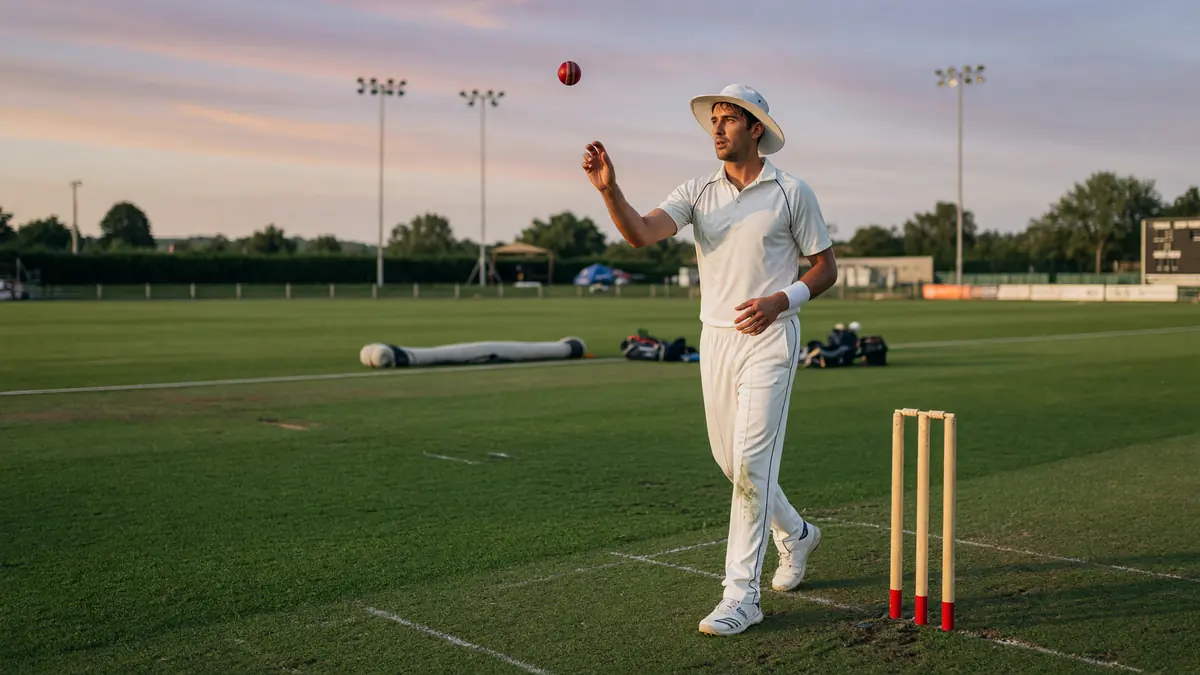 Cricket captain in white training kit tossing a ball near the stumps on a green English ground before a limited-overs game.