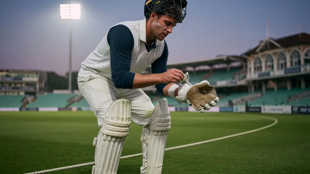 Wicketkeeper-batter in pads adjusting gloves on the boundary edge of an English stadium under soft floodlights.