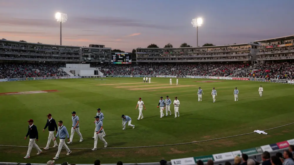Two cricket sides walking onto a green English ground under evening sky as fielders spread and the crowd blurs in the stands.