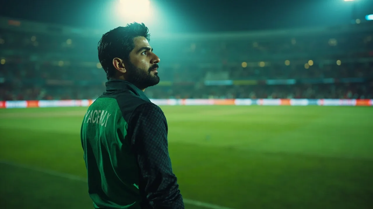 Wide editorial view of a floodlit international stadium at twilight, the venue-level setting for a wrist-spin selection debate.