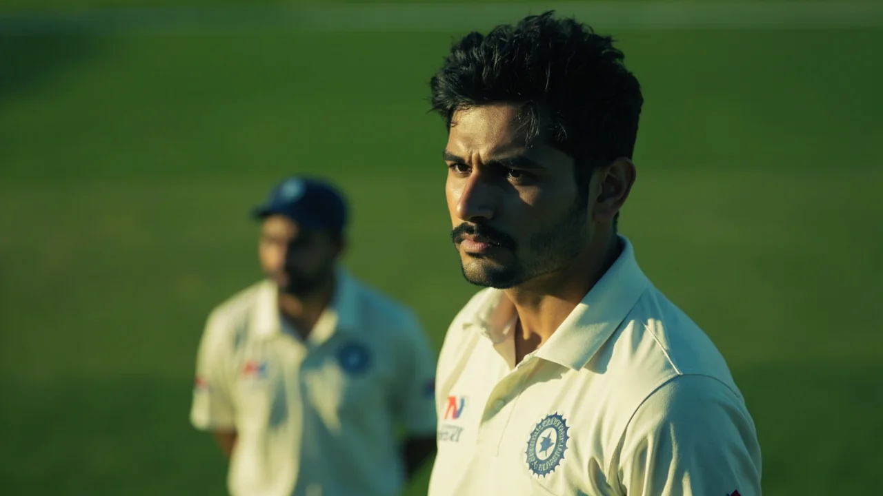 Medium shot of a captain and wrist-spinner conferring mid-innings on field placement, the tactical scene behind a squad-selection story.
