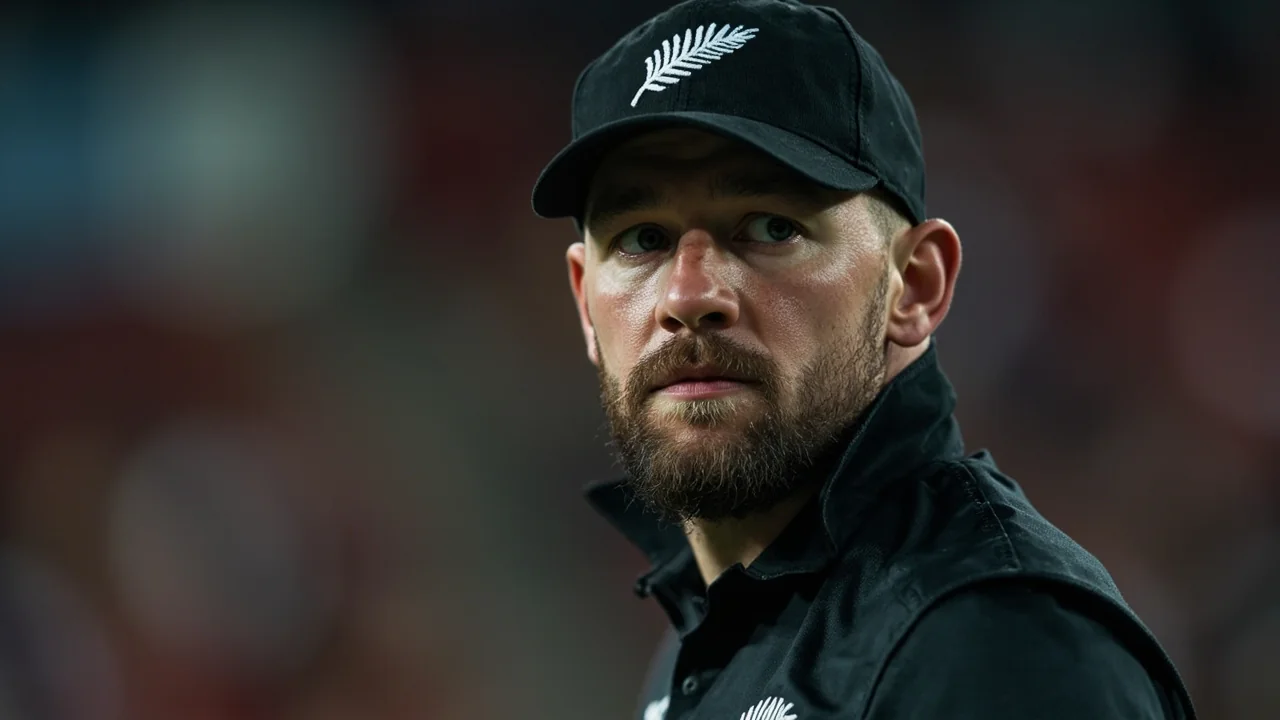Close editorial frame of a bowler in delivery stride on a slow Indian surface, the action profile that anchors New Zealand's spin-heavy reset at the 2026 T20 World Cup.