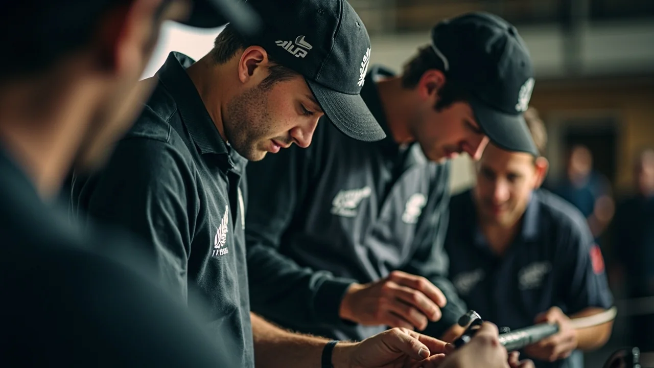 Medium editorial scene of captain and bowler conferring at a subcontinental venue, the tactical conversation behind New Zealand's spin-heavy 2026 selection.