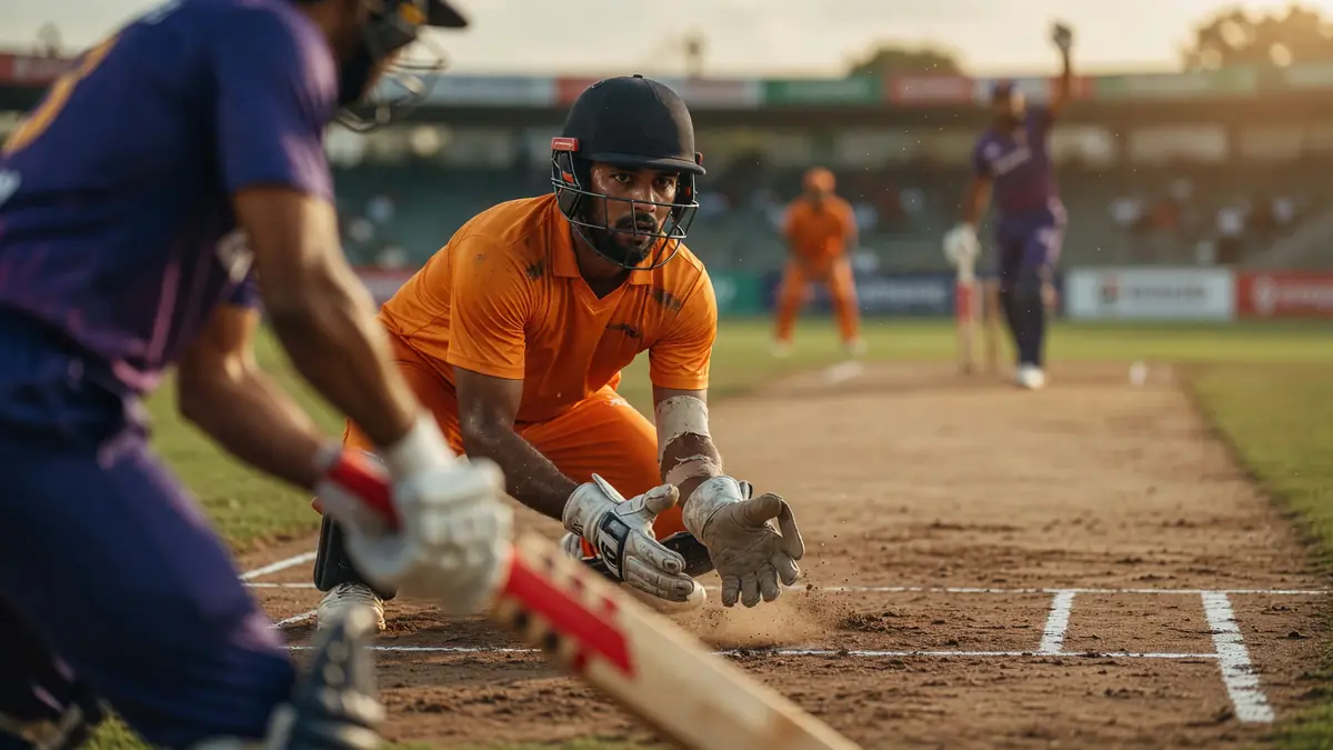 Close sideline frame of a batter driving through the off side under floodlights on a dry Delhi outfield.