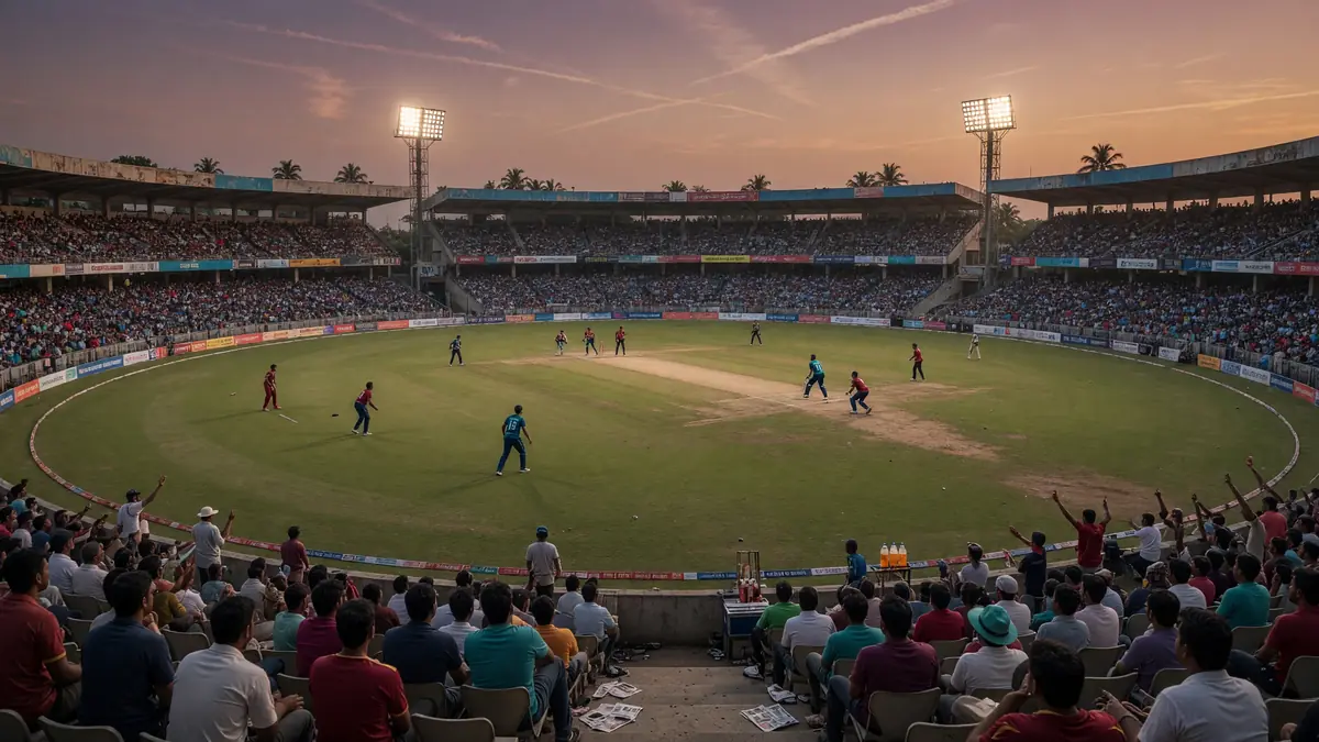 Wide afternoon view of a packed Delhi cricket stadium with the outfield and stands lit for a domestic T20 fixture.