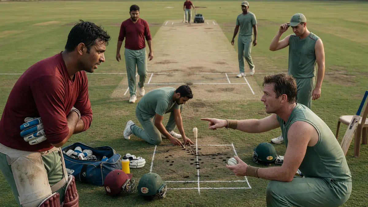 Medium shot of fielders adjusting a ring on a dry pitch while the bowler marks his run-up before a middle-over spell.