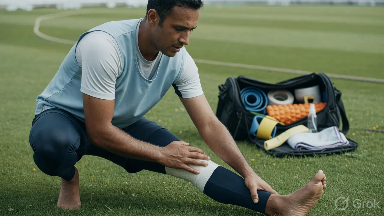 Close editorial frame of a single cricketer doing a controlled warm-up stretch on the outfield grass with a physio's equipment bag in soft-focus background.