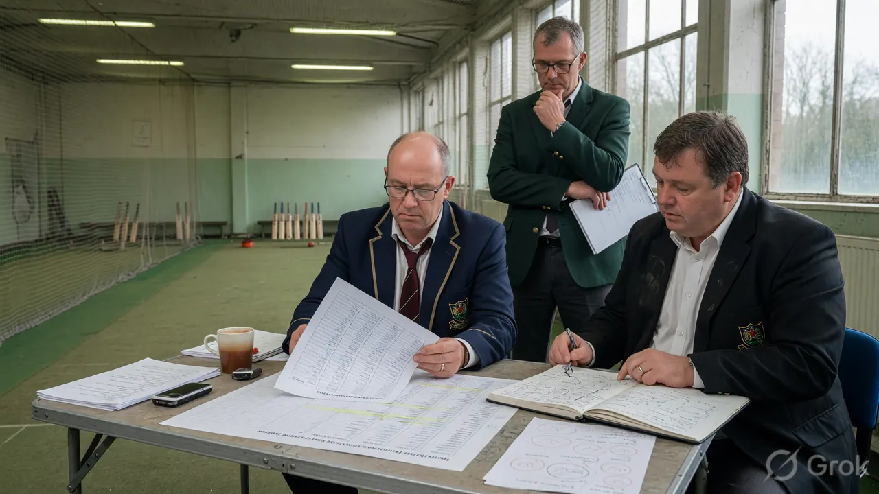 Medium editorial scene of a small group of selectors studying a printed squad sheet and a tactical notebook at the back of an indoor training facility.