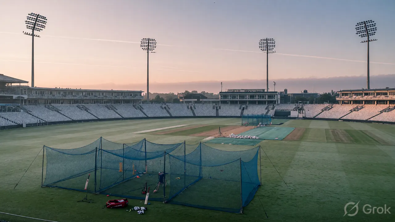Wide editorial view of an international cricket ground at dawn with training nets visible in the foreground under clear morning light.