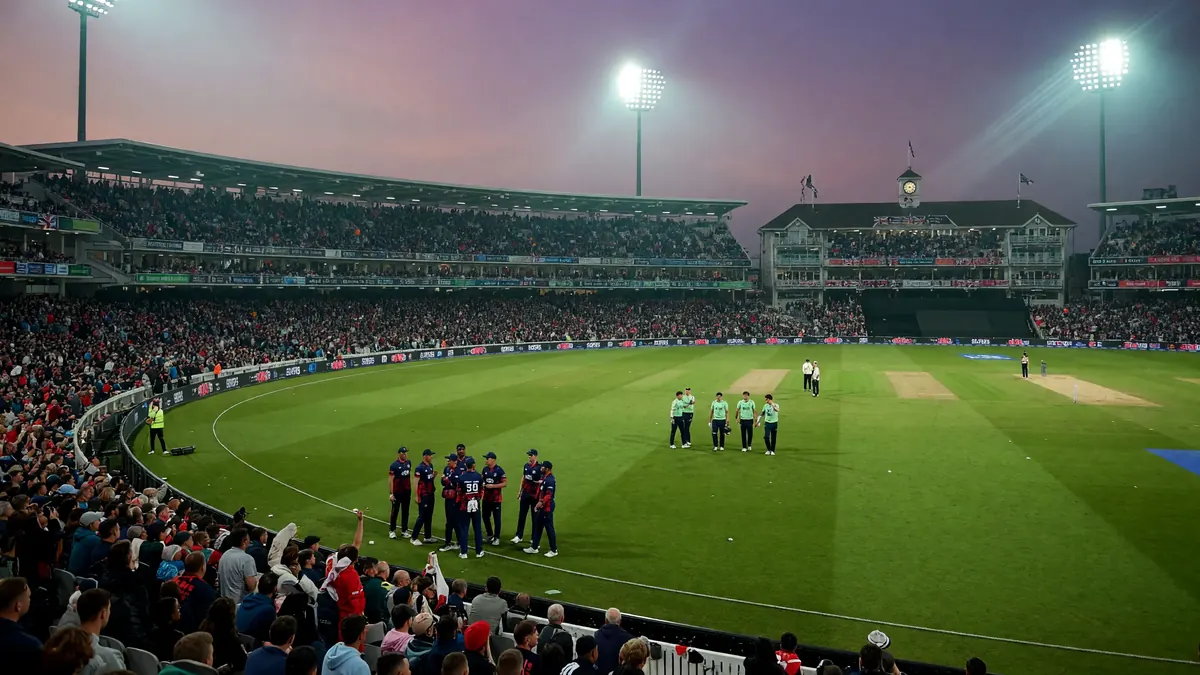 Floodlit English cricket stadium at dusk with two sides on the outfield and a full crowd under the stands.