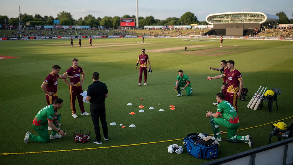 Players in maroon and green kits gather with coaches around training cones and cricket balls on a green outfield.