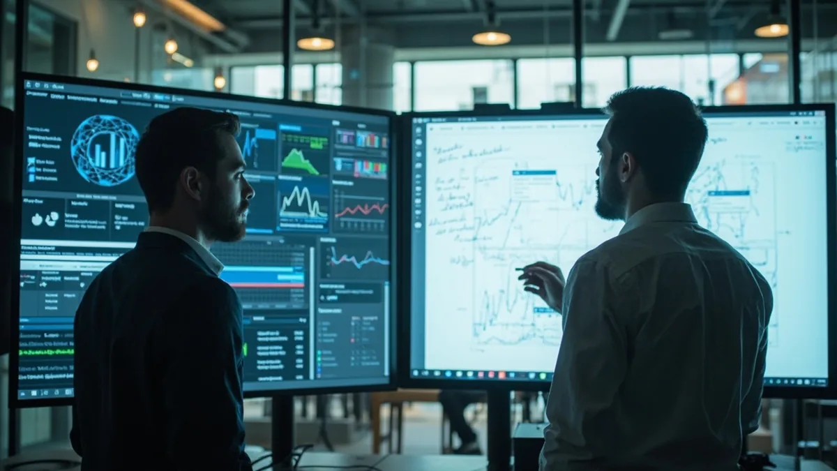 Two cricket analysts comparing data dashboards in a modern analytics workspace